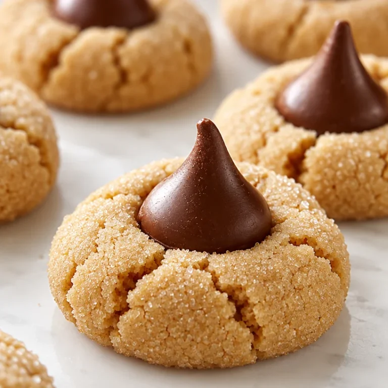 Delicious peanut butter blossom cookies topped with chocolate kisses