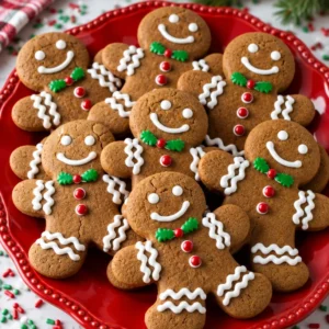 Delicious soft and chewy gingerbread men cookies on a festive plate