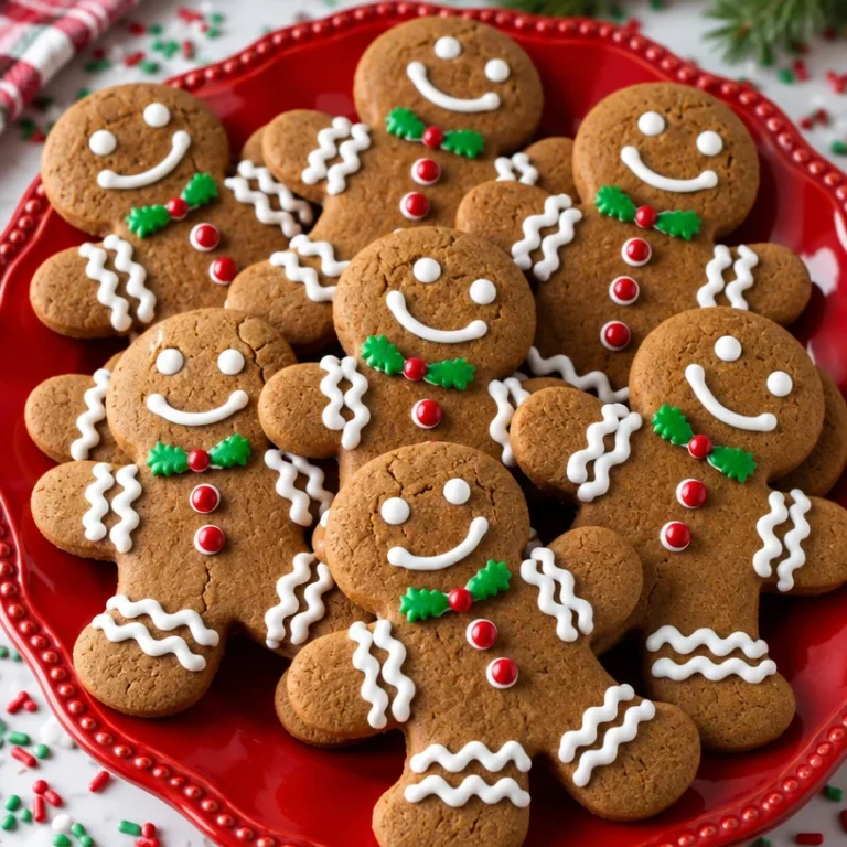 Delicious soft and chewy gingerbread men cookies on a festive plate