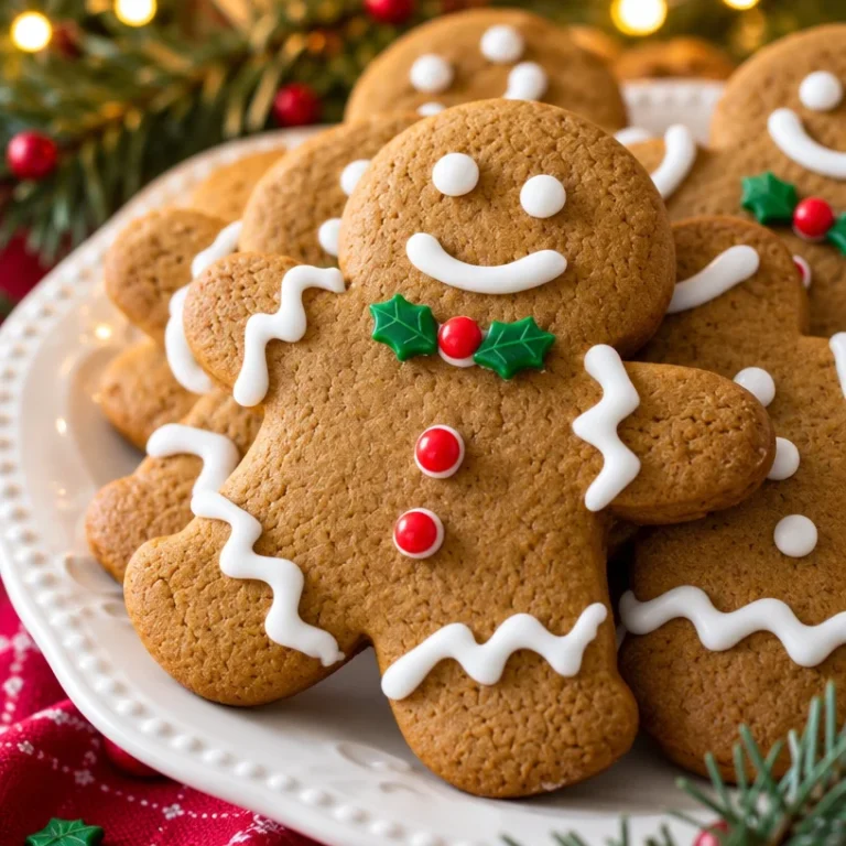Plate of best-ever gingerbread cookies decorated with white icing and sprinkles