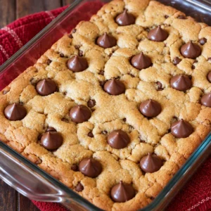 Delicious peanut butter blossom bars with chocolate on top