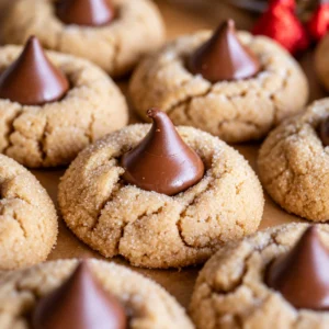 Delicious Peanut Butter Blossoms cookies topped with chocolate, perfect for Christmas.