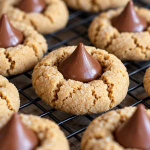 Delicious peanut butter kiss cookies topped with chocolate candies