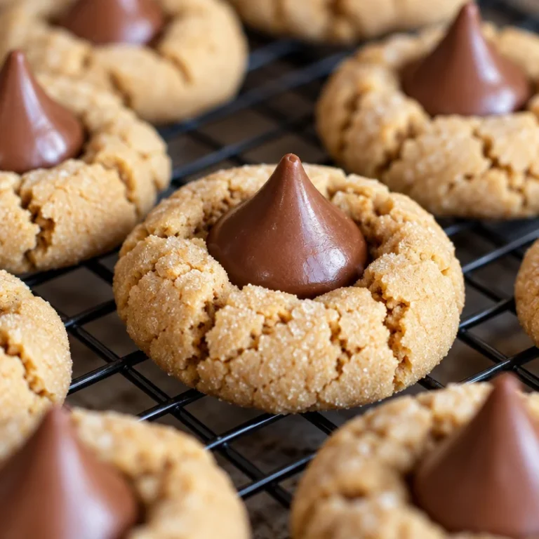 Delicious peanut butter kiss cookies topped with chocolate candies