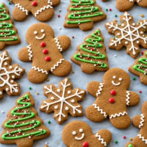 Batch of freshly baked gingerbread cookies decorated for the holidays