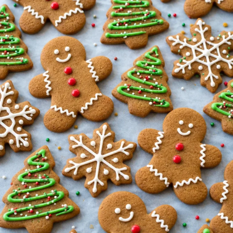 Batch of freshly baked gingerbread cookies decorated for the holidays