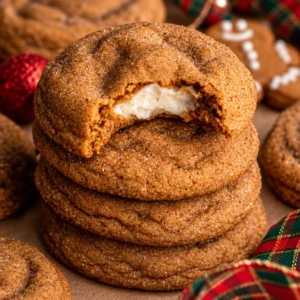 Delicious gingerbread cheesecake cookies stacked on a plate